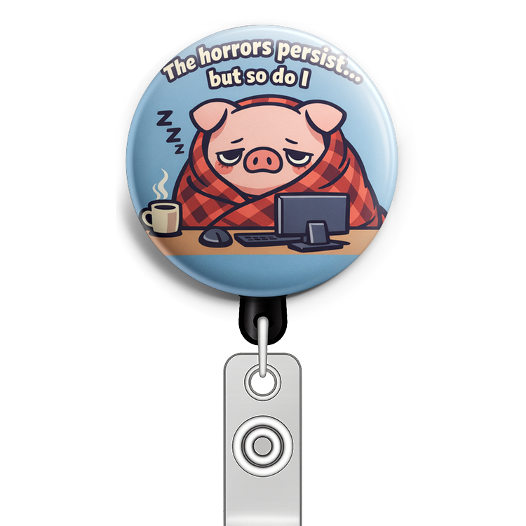 Create a circular badge design featuring a cute, tired pig w… - Badge Reel