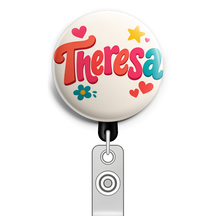 Create a circular badge design featuring the name 'Theresa'… - Badge Reel
