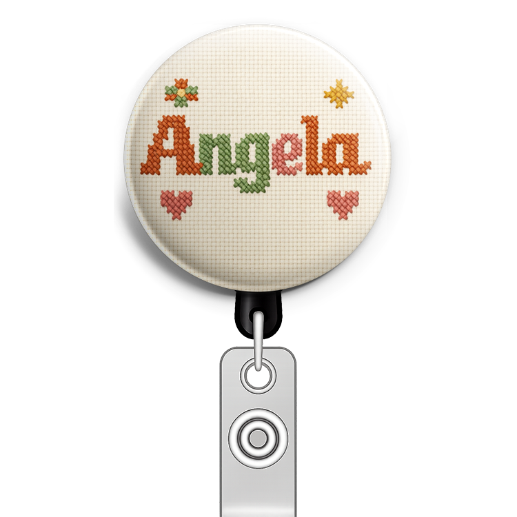 Create a circular badge design featuring the name 'Angela' a… - Badge Reel
