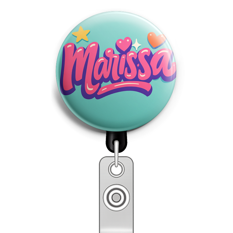 Create a circular badge design featuring the name 'Marissa'… - Badge Reel