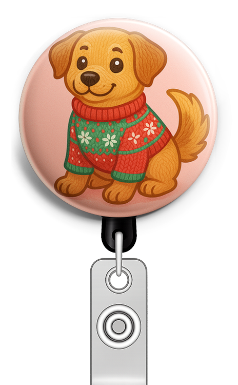 My Dog wearing a cozy christmas sweater - Badge Reel