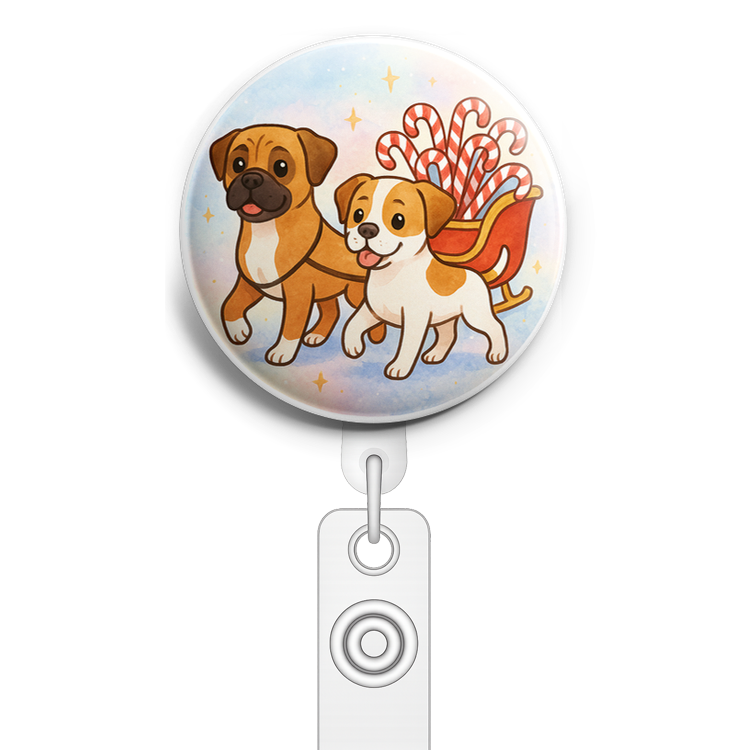 Custom Design – my pets pulling a sleigh full of candy canes - Badge Reel (Alligator, White) - Topperswap