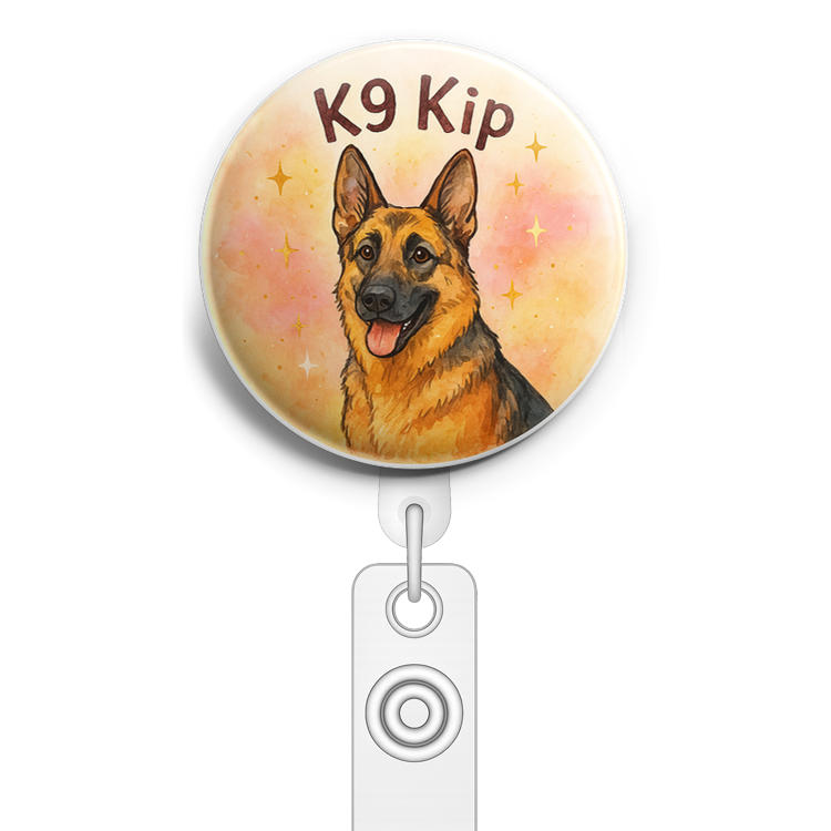 Custom Design – K9 Kip written above him - Badge Reel (Alligator, White) - Topperswap