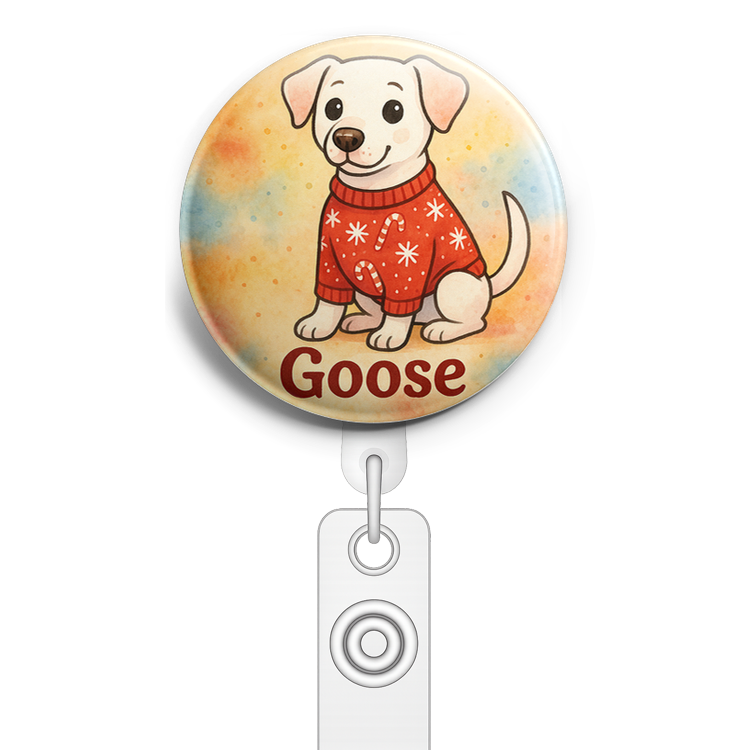 Custom Design – Goose wearing a cozy sweater with snowflakes and candy canes - Badge Reel (Alligator, White) - Topperswap