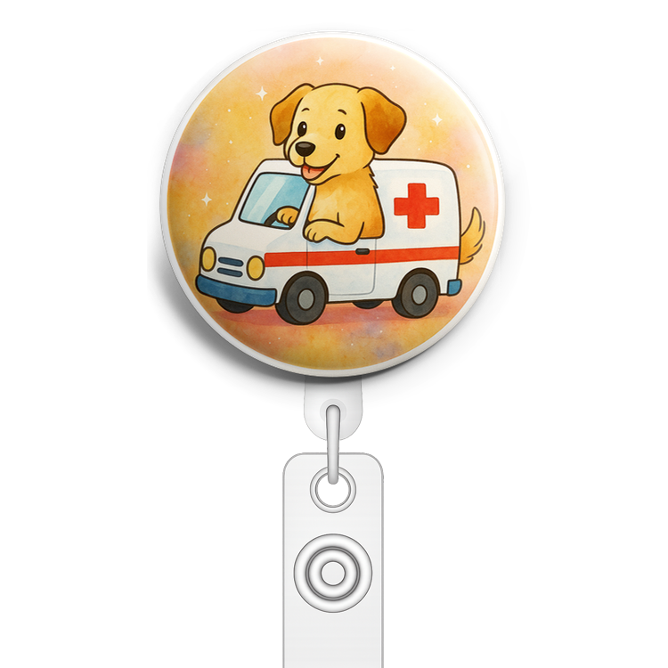 Custom Design – My pet driving an ambulance - Badge Reel (Alligator, White) - Topperswap