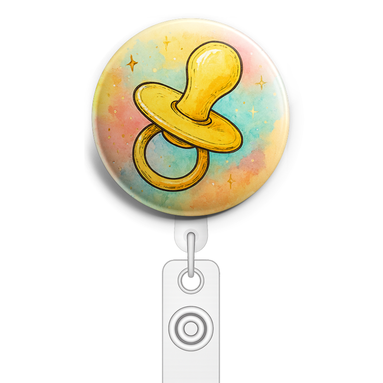 Custom Design – Yellow pacifier - Badge Reel (Alligator, White) - Topperswap