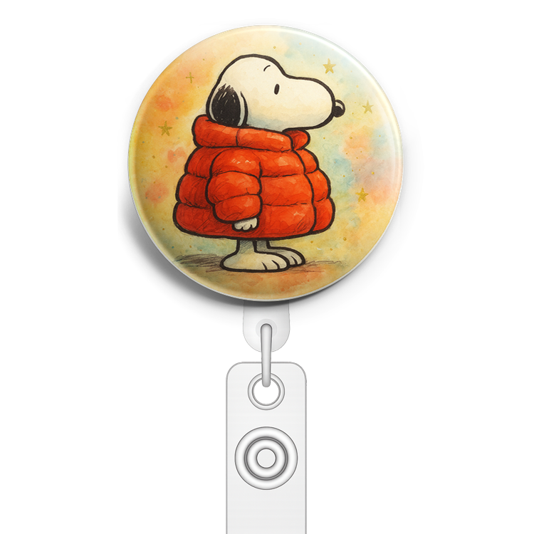 Custom Design – snoopy in an oversized christmas puffer jacket. Side profile… - Badge Reel (Alligator, White) - Topperswap