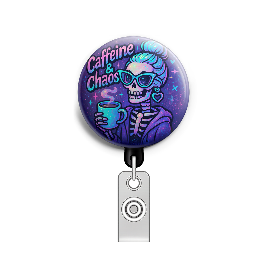 Custom Design – Glam skeleton holding a coffee cup with 'Caffeine & chaos' t… - - Topperswap