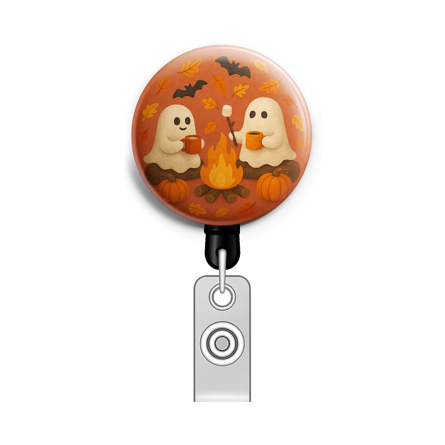 Custom Design – 2 ghosts sitting on logs around a campfire holding hot cocoa… - - Topperswap