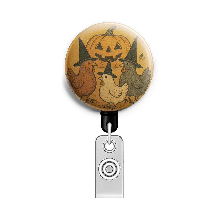 3 chickens wearing witch hats in front of a jack-o-lantern - Badge Reel