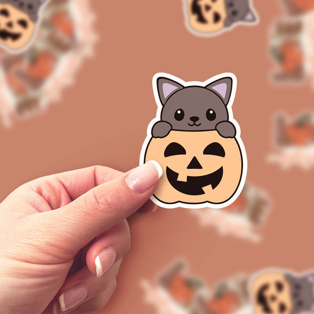 Pumpkin Peek-a-Boo Cat Sticker - Classic Shine - Topperswap