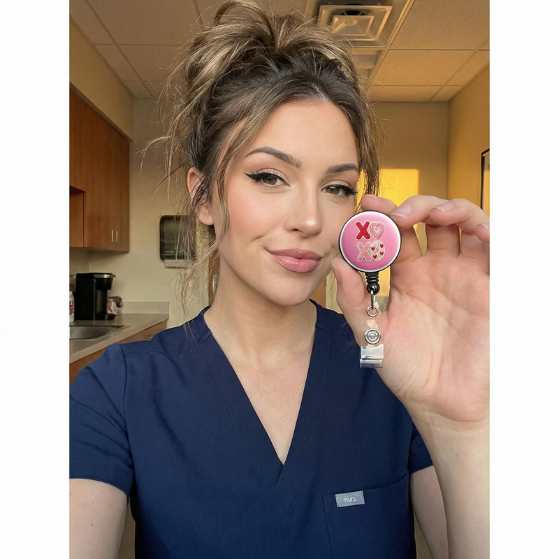 Hug & Kiss Swapfinity Retractable ID Badge Reel - worn by a nurse