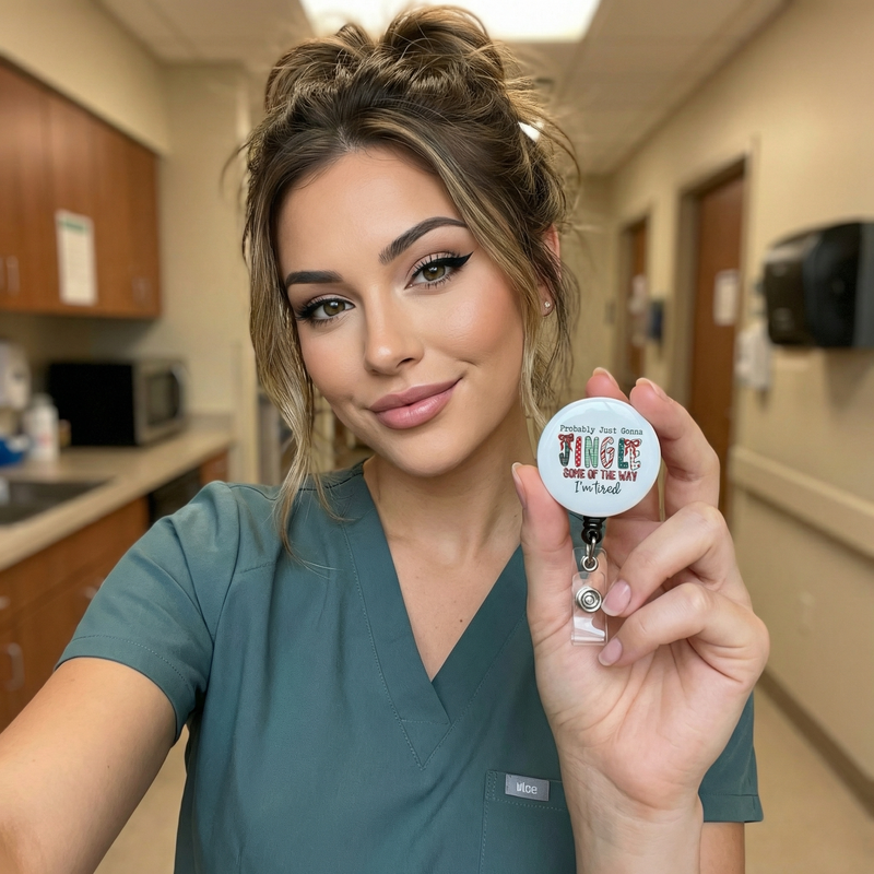 Holiday Hustle Swapfinity Retractable ID Badge Reel - worn by a nurse