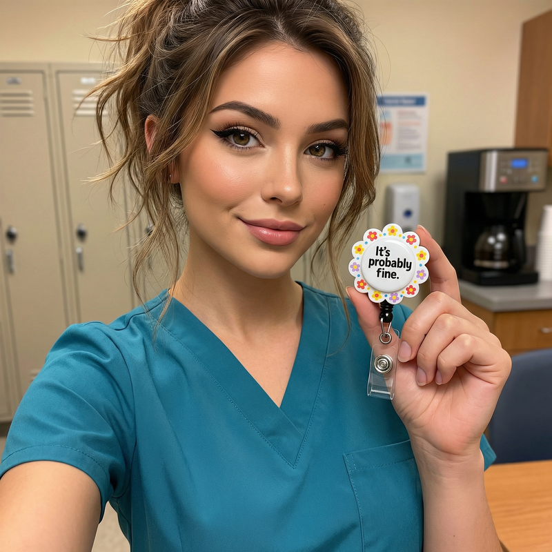 It’s Probably Fine – Floral Bundle Swapfinity Retractable ID Badge Reel Bundle - worn by a nurse
