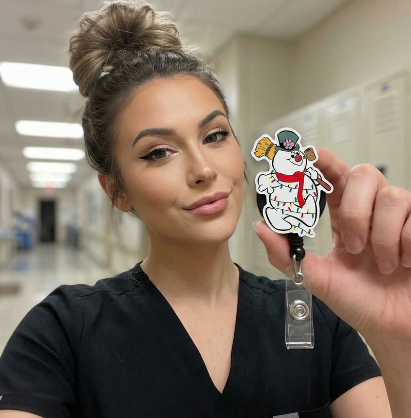 Frosty in Lights Pop Topper Swapfinity Retractable ID Badge Reel - worn by a nurse