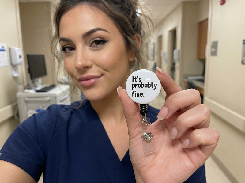 It's Probably Fine Retractable ID Badge Reel • Funny Nurse Badge Holder • Swapfinity - worn by a nurse