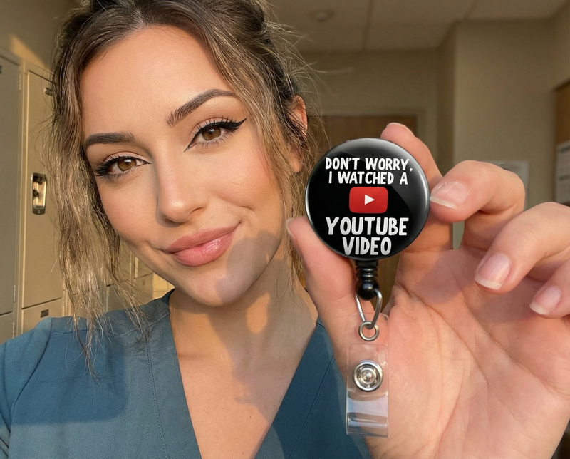 Youtube Video Retractable ID Badge Reel • Funny Nurse Gift, RN, Physician, Doctor, Funny Surgeon Gift, Nurse Anesthetist • Swapfinity - worn by a nurse
