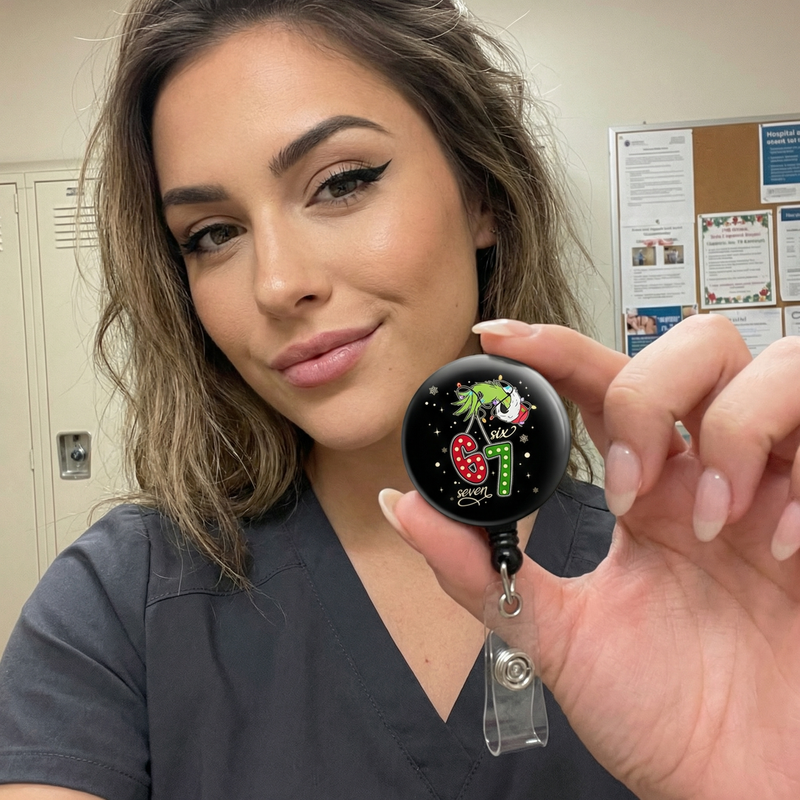Grinchy Mischief Swapfinity Retractable ID Badge Reel - worn by a nurse
