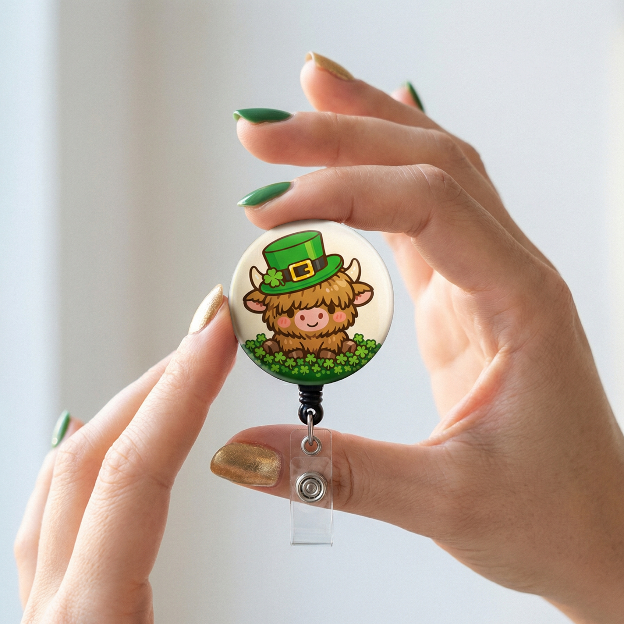 Highland Cow Leprechaun Hat 🍀🐮 Swapfinity Retractable ID Badge Reel - - Topperswap