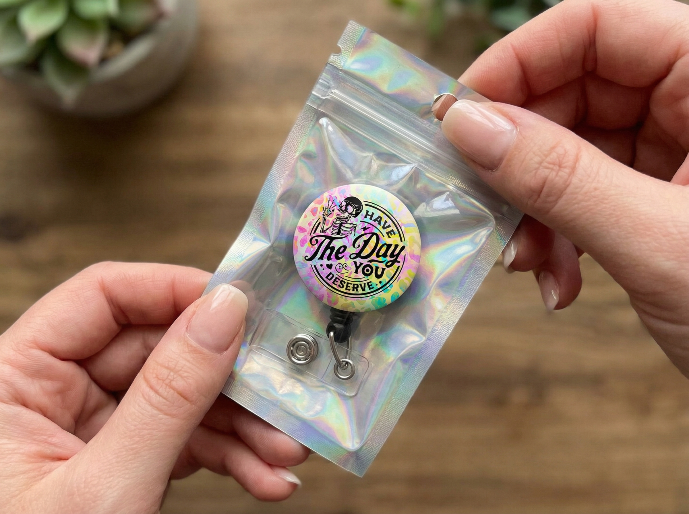 You Have the Day You Deserve Rainbow Leopard Swapfinity Retractable ID Badge Reel - - Topperswap