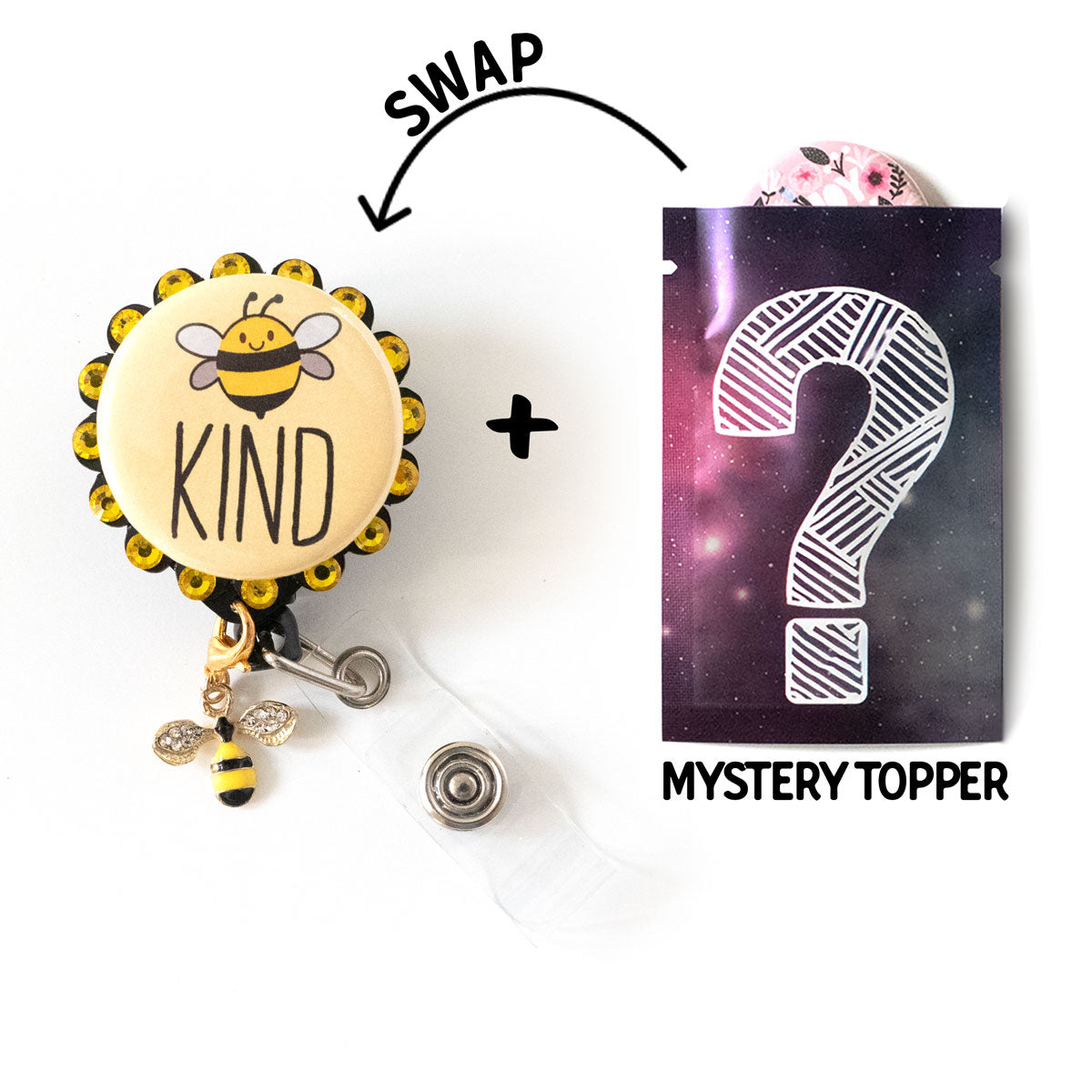 Bee Dazzled Bundle Swapfinity Retractable ID Badge Reel Bundle *Limited Edition* - Gator+Mystery Topper / Black - Topperswap