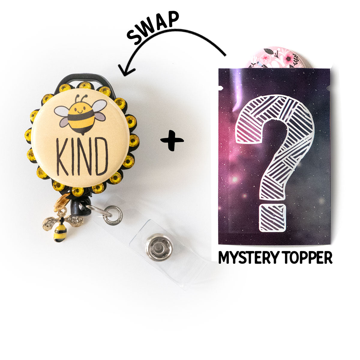 Bee Dazzled Bundle Swapfinity Retractable ID Badge Reel Bundle *Limited Edition* - Slide+Mystery Topper / Black - Topperswap