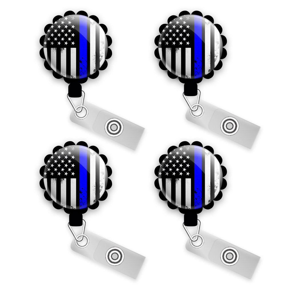 Distressed Thin Blue Line Flag Retractable ID Badge Reel • Law Enforcement Police Wife Gift ID Badge Holder • Swapfinity