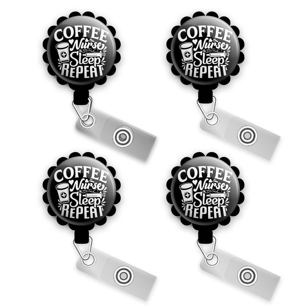 Coffee, Nurse, Sleep, Repeat Retractable ID Badge Reel • Cute Coffee Badge Reel, Nurse Gift Badge Holder • Swapfinity Gator 4pk |Save 10% / Black
