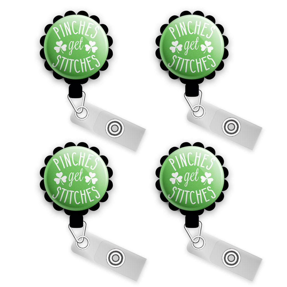 Pinches Get Stitches St. Patrick’s Day Swappable Retractable ID Badge Reel • Holiday Pun Badge Holder • Swapfinity - Gator 4pk |Save 10% / Black - Topperswap