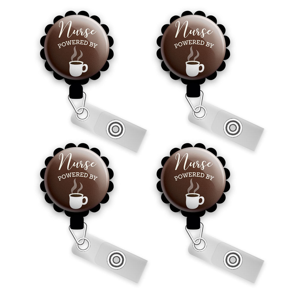 Nurse Powered by Coffee Retractable ID Badge Reel • Nursing Gift