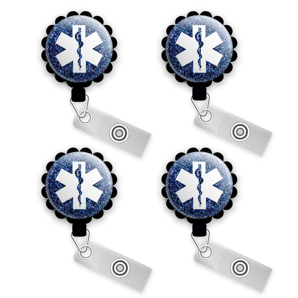 Sparkling Star of Life Retractable ID Badge Reel • EMS Gift, EMT, Paramedic, Emergency First Responder ID Badge Holder • Swapfinity