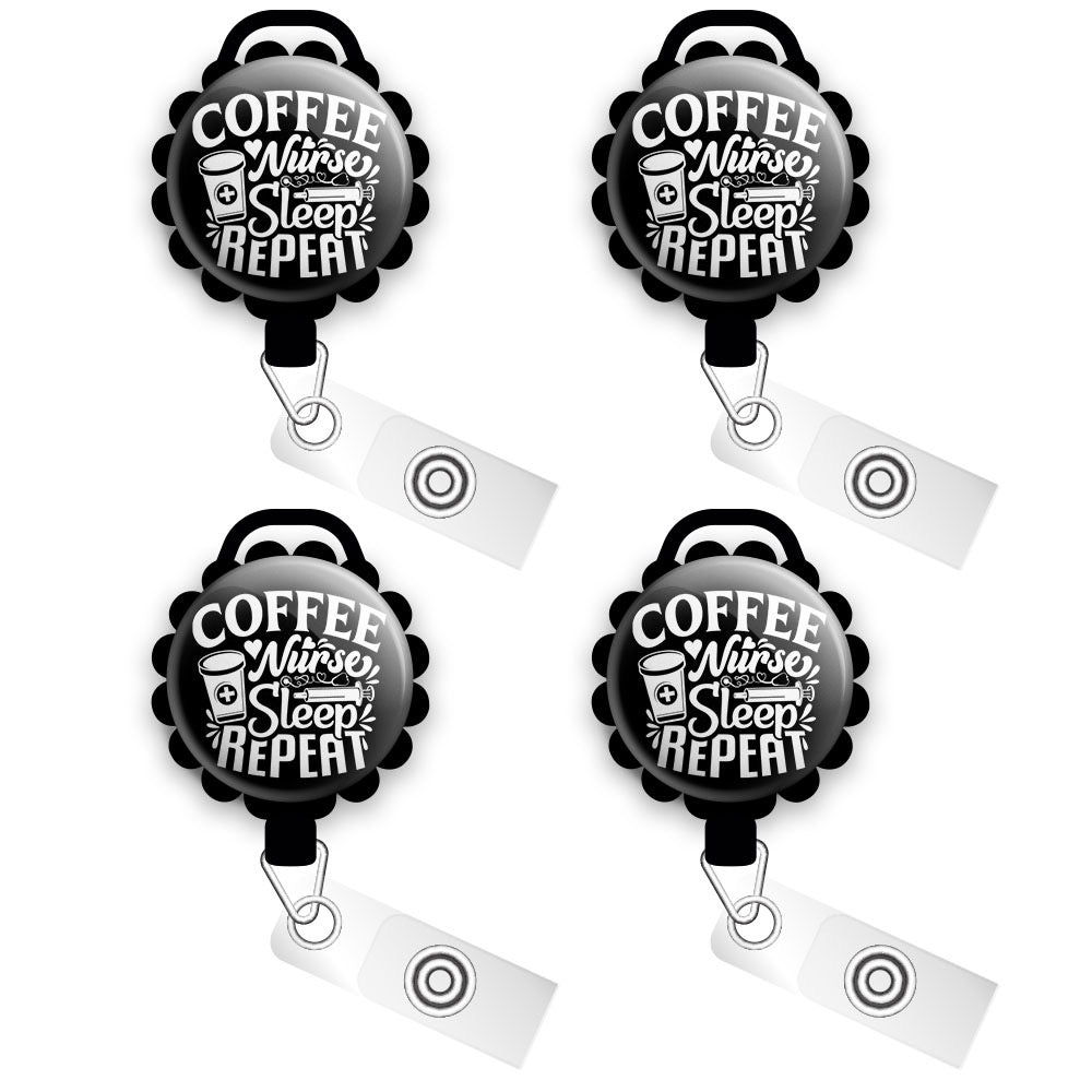 Coffee, Nurse, Sleep, Repeat Retractable ID Badge Reel • Cute Coffee Badge Reel, Nurse Gift Badge Holder • Swapfinity Slide Clip / Black