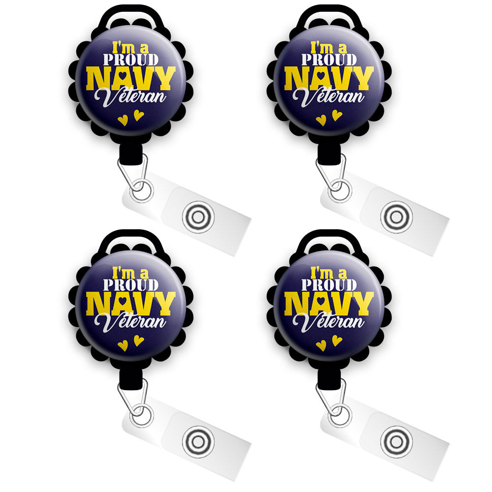 Proud Navy Veteran Retractable ID Badge Reel • Proud Navy Veteran Gift • Navy Veteran ID Badge Holder • Swapfinity - Slide 4pk |Save 10% / Black - Topperswap