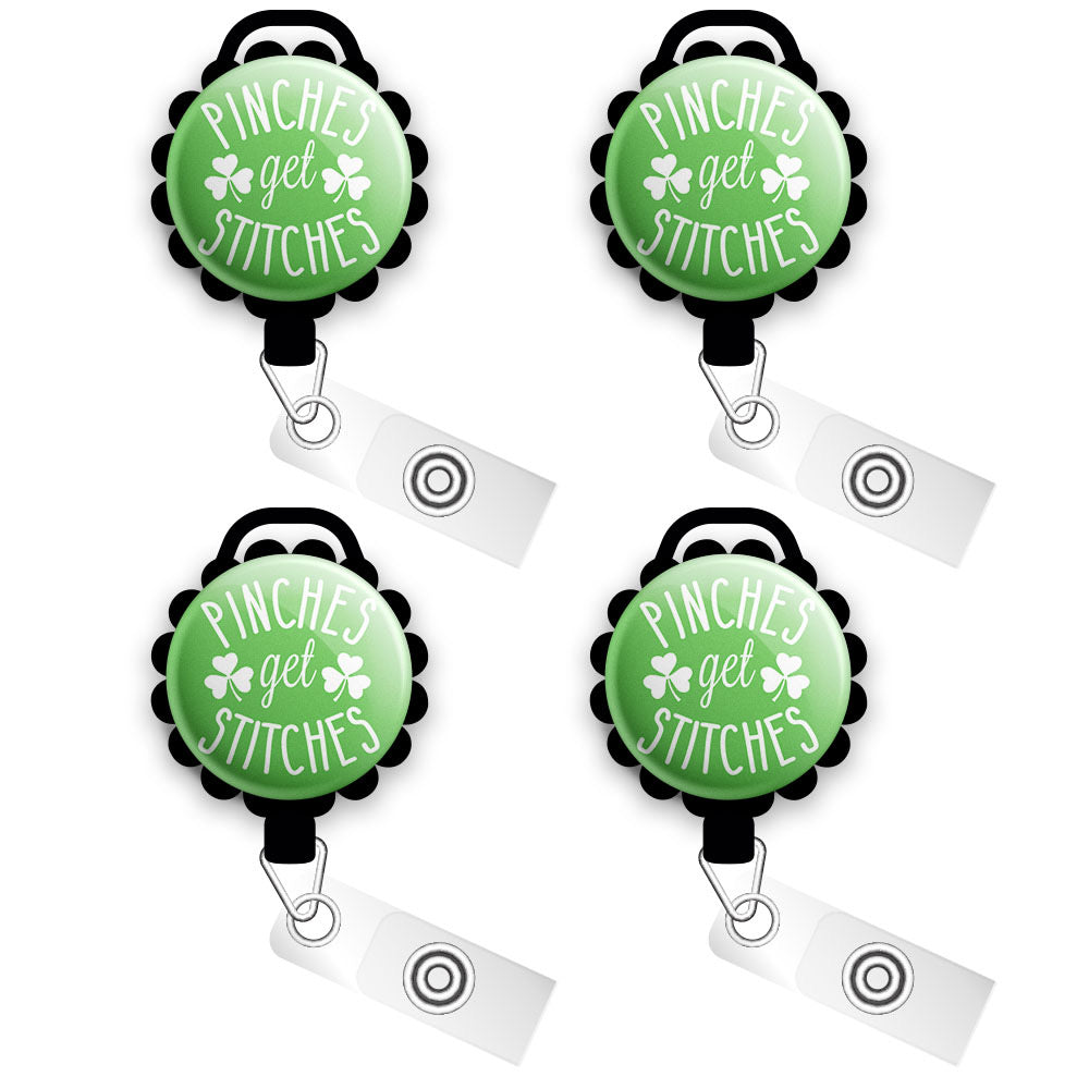 Pinches Get Stitches St. Patrick’s Day Swappable Retractable ID Badge Reel • Holiday Pun Badge Holder • Swapfinity - Slide 4pk |Save 10% / Black - Topperswap