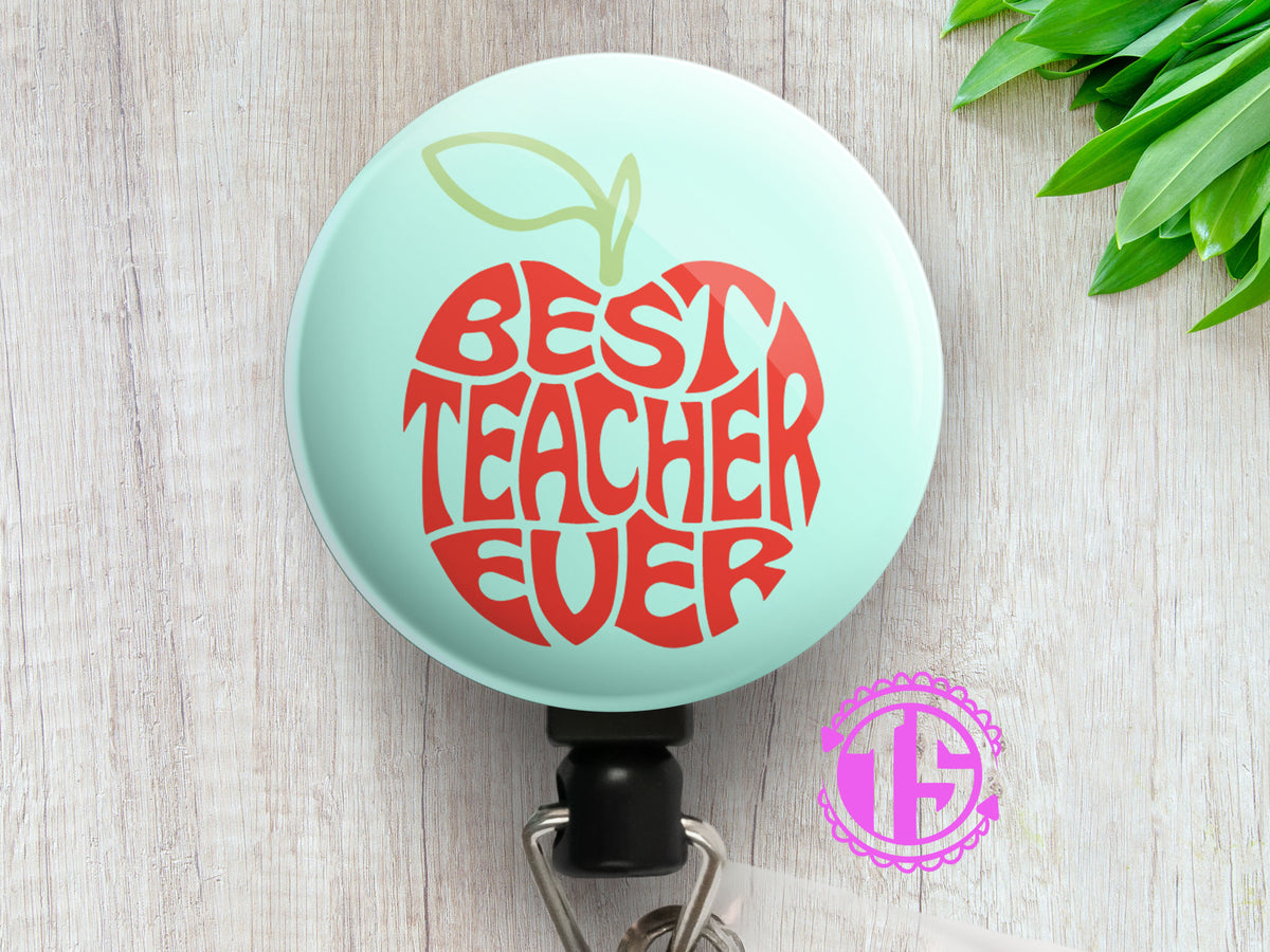 Best Teacher Ever Apple Retractable ID Badge Reel • Teacher Appreciation Gift Badge Holder • Swapfinity Slide Clip / Black