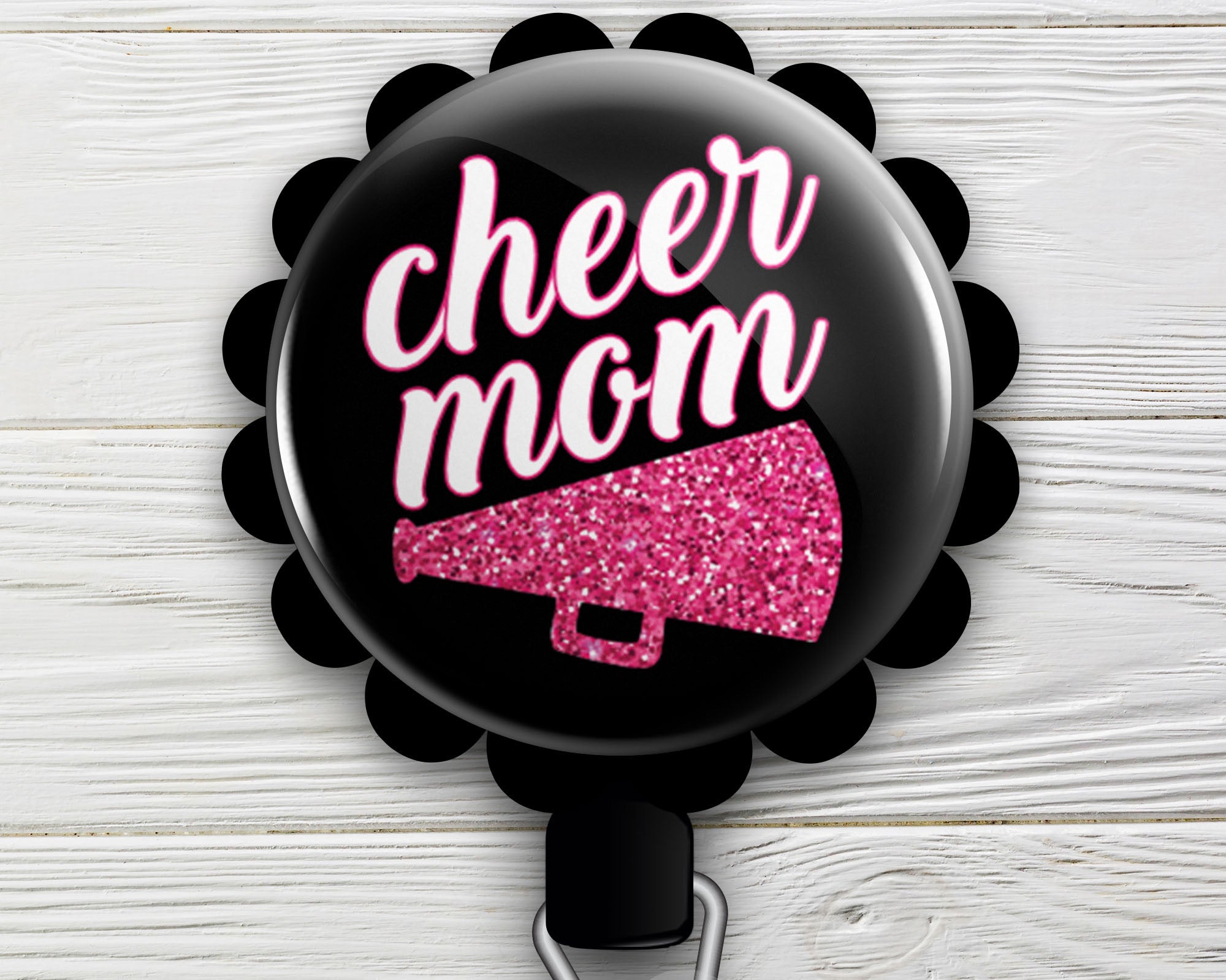 Cheer Mom Retractable ID Badge Reel - Alligator Clip / Black - Topperswap