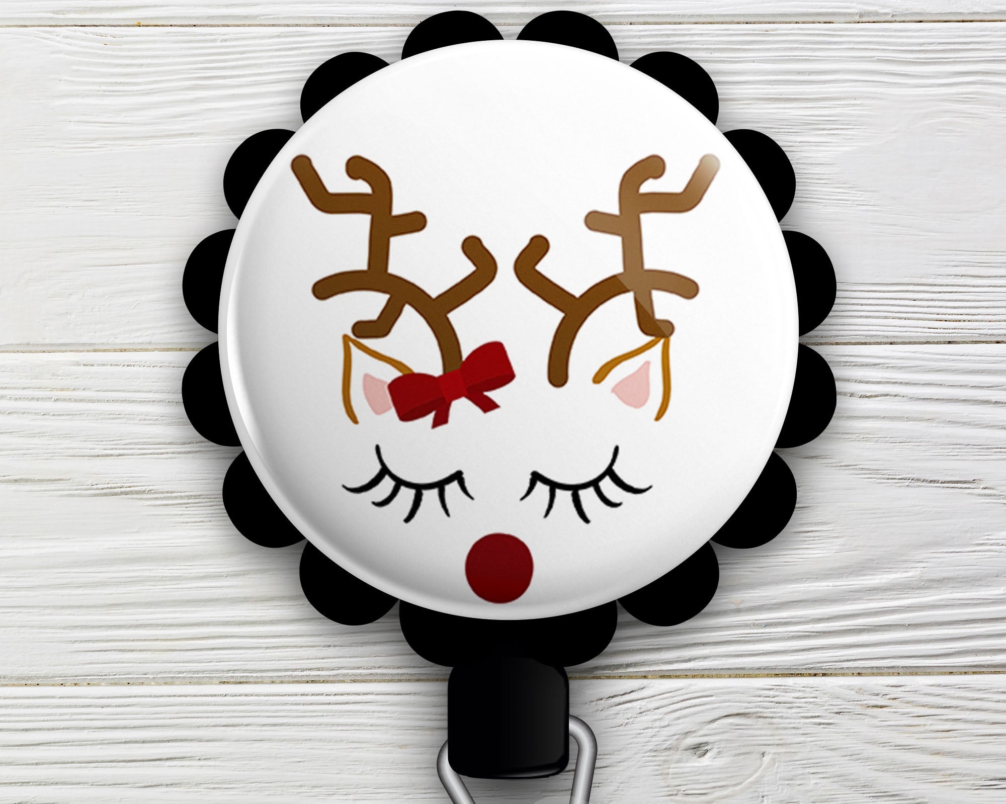Cute Reindeer • Christmas Gift Holiday Swappable Retractable ID Badge Reel • Custom Badge Holder • Swapfinity - Alligator Clip / Black - Topperswap