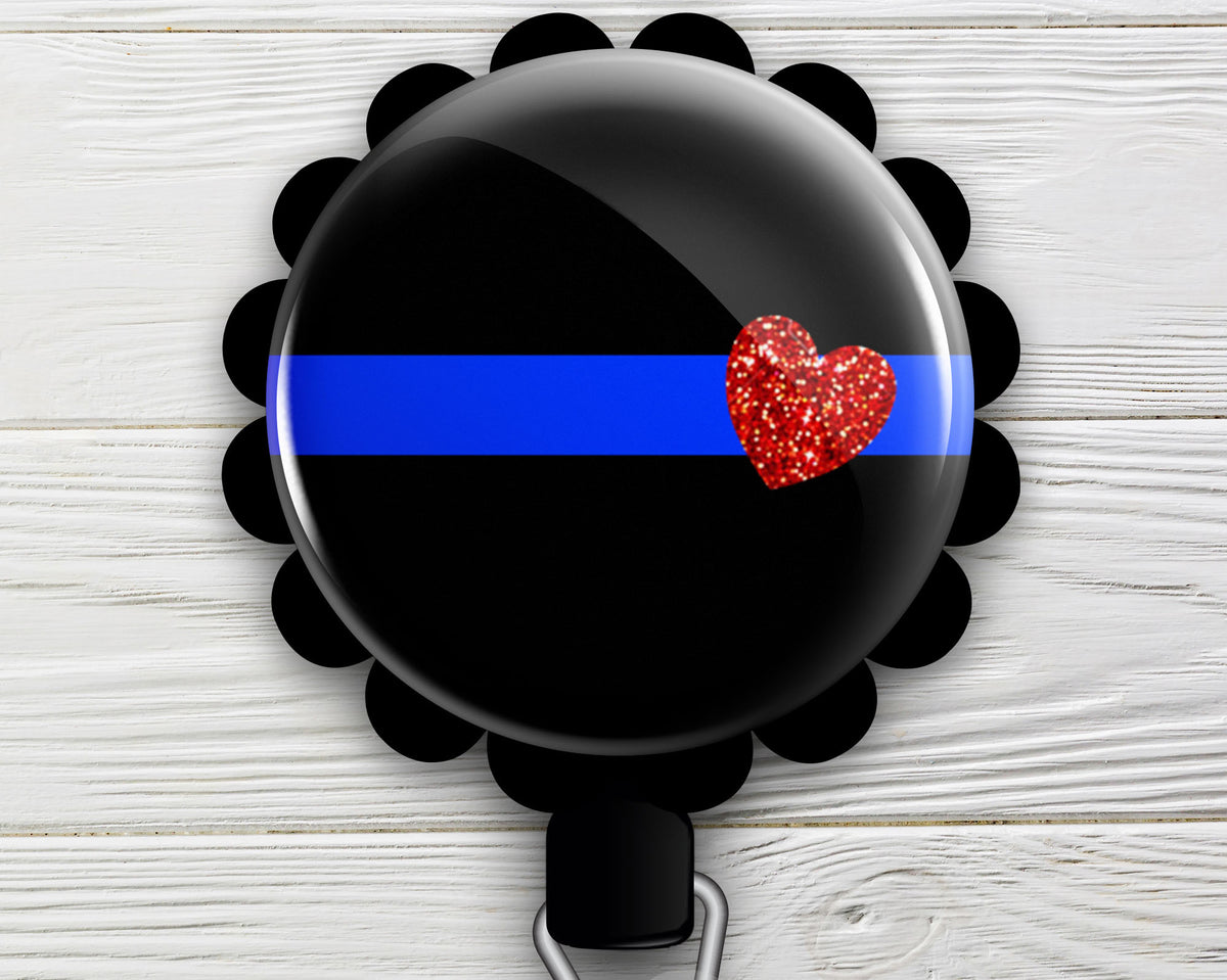 Pretty Thin Blue Line Glitter Heart Retractable ID Badge Reel - Topperswap
