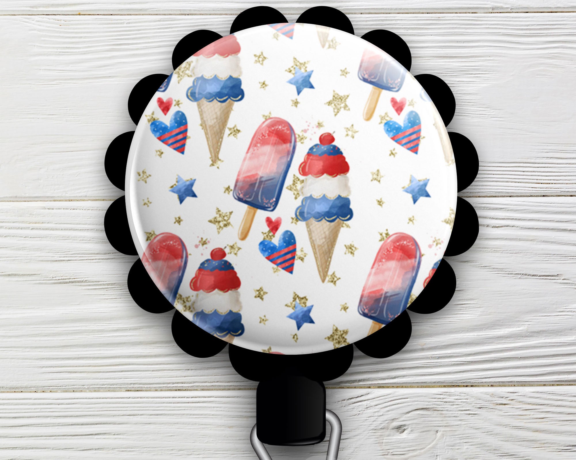 Stars, Hearts, and Ice Cream USA • 4th of July Retractable ID Badge Reel • Summer Independence Day Badge Holder • Swapfinity - Alligator Clip / Black - Topperswap