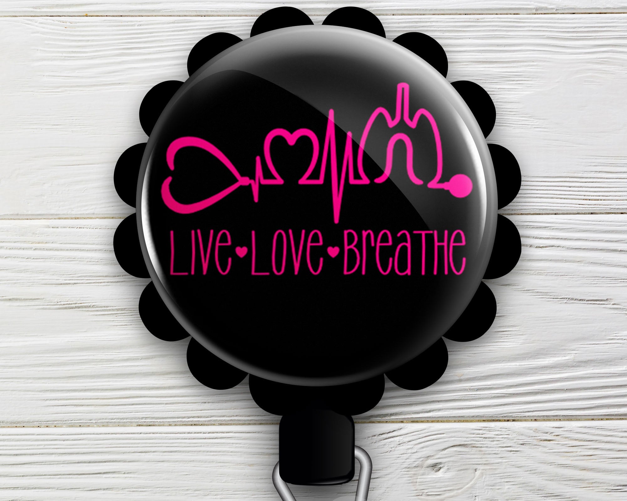 Live Love Breathe Retractable ID Badge Reel • CRT, RRT • Gift Respiratory Therapist • Swapfinity - Alligator Clip / Black - Topperswap