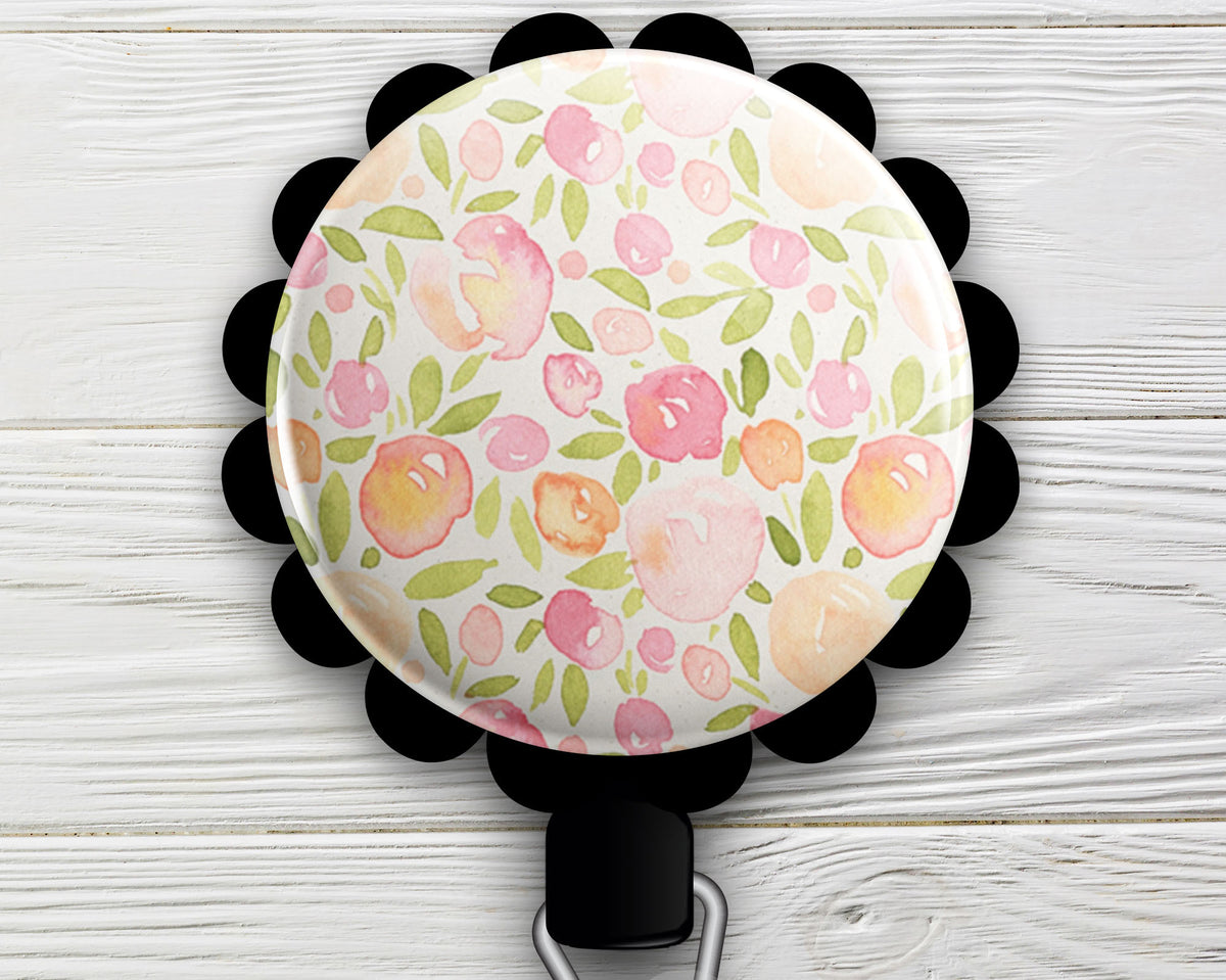 Peach Pink Watercolor Florals Retractable ID Badge Reel • Peach Flower, Spring Floral Badge Holder • Swapfinity