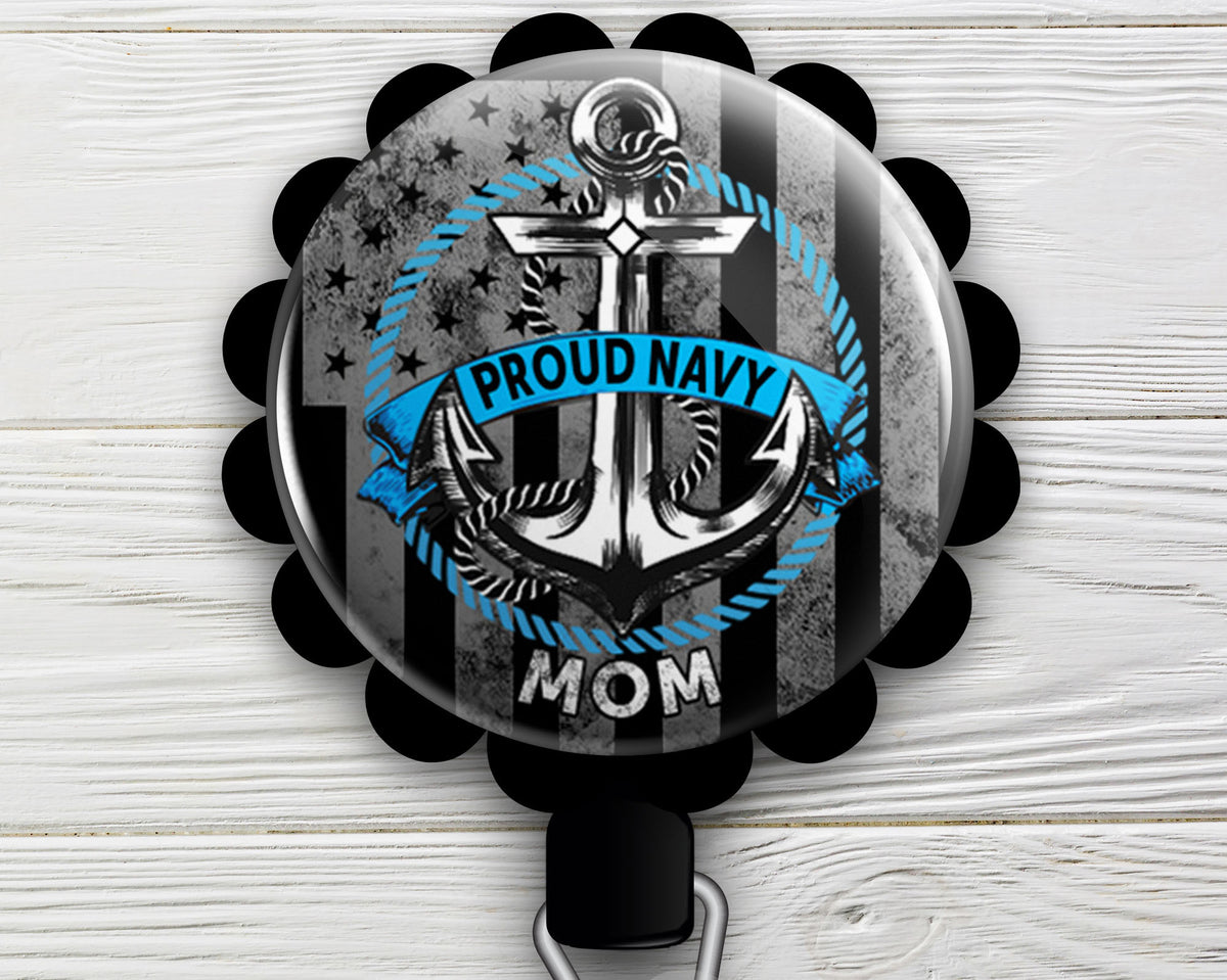 Personalized Retractable ID Badge Reels  Swappable Designs Tagged Proud  Navy Mom - Topperswap