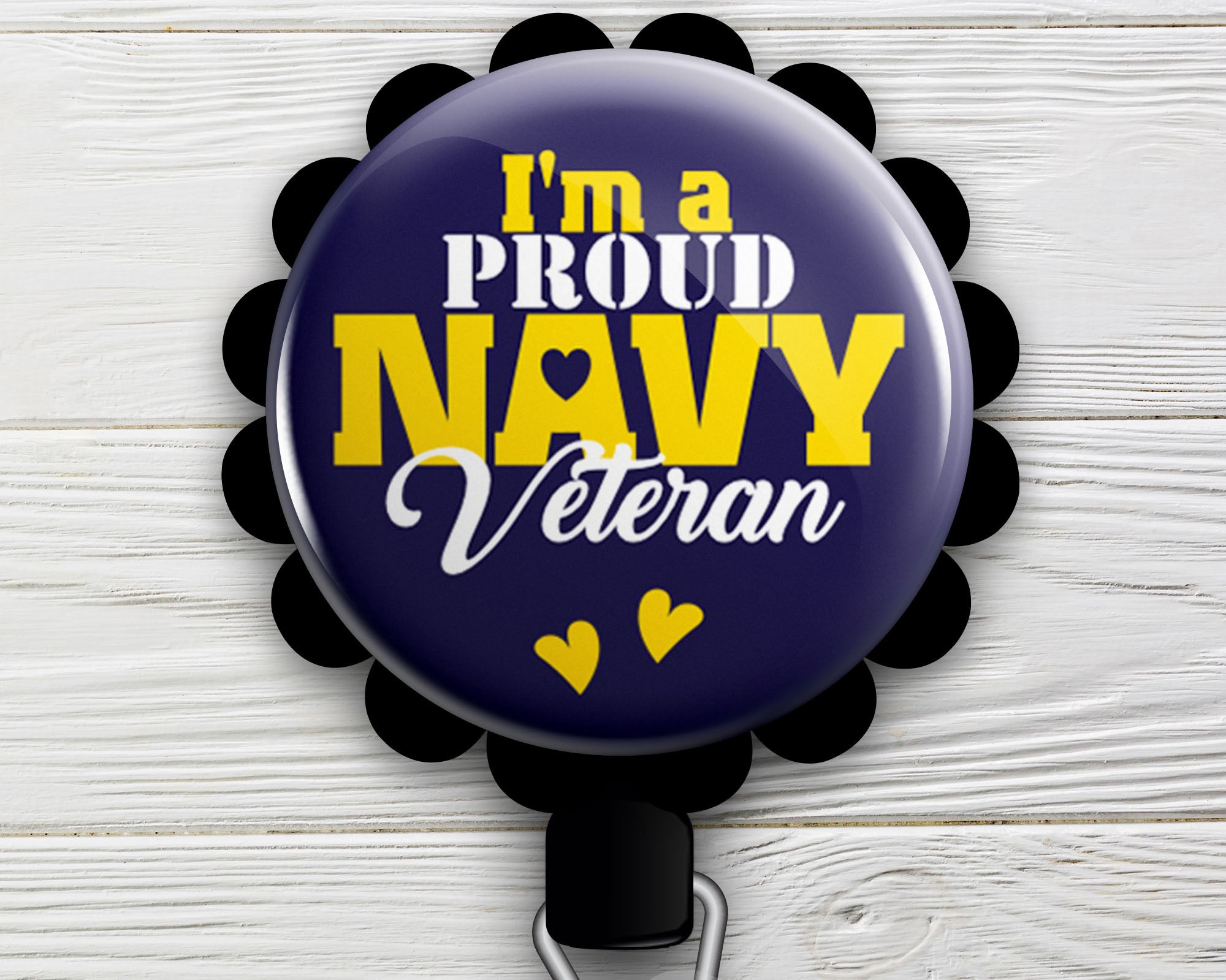 Proud Navy Veteran Retractable ID Badge Reel • Proud Navy Veteran Gift • Navy Veteran ID Badge Holder • Swapfinity - Alligator Clip / Black - Topperswap