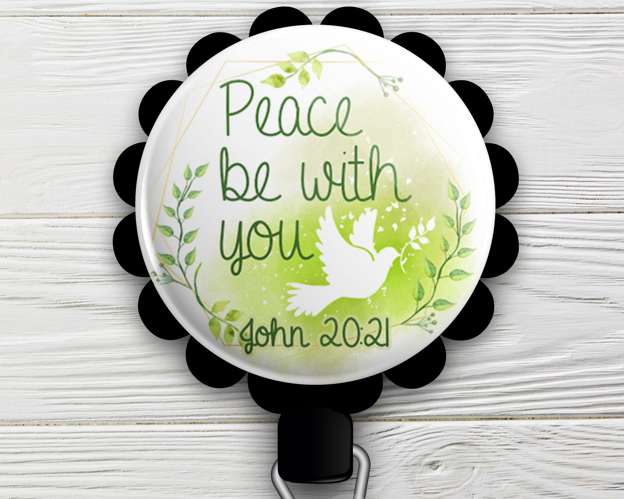 Peace Be With You • Christian Scripture Bible Verse Religious Swappable Retractable ID Badge Reel • Custom Badge Holder • Swapfinity - Alligator Clip / Black - Topperswap