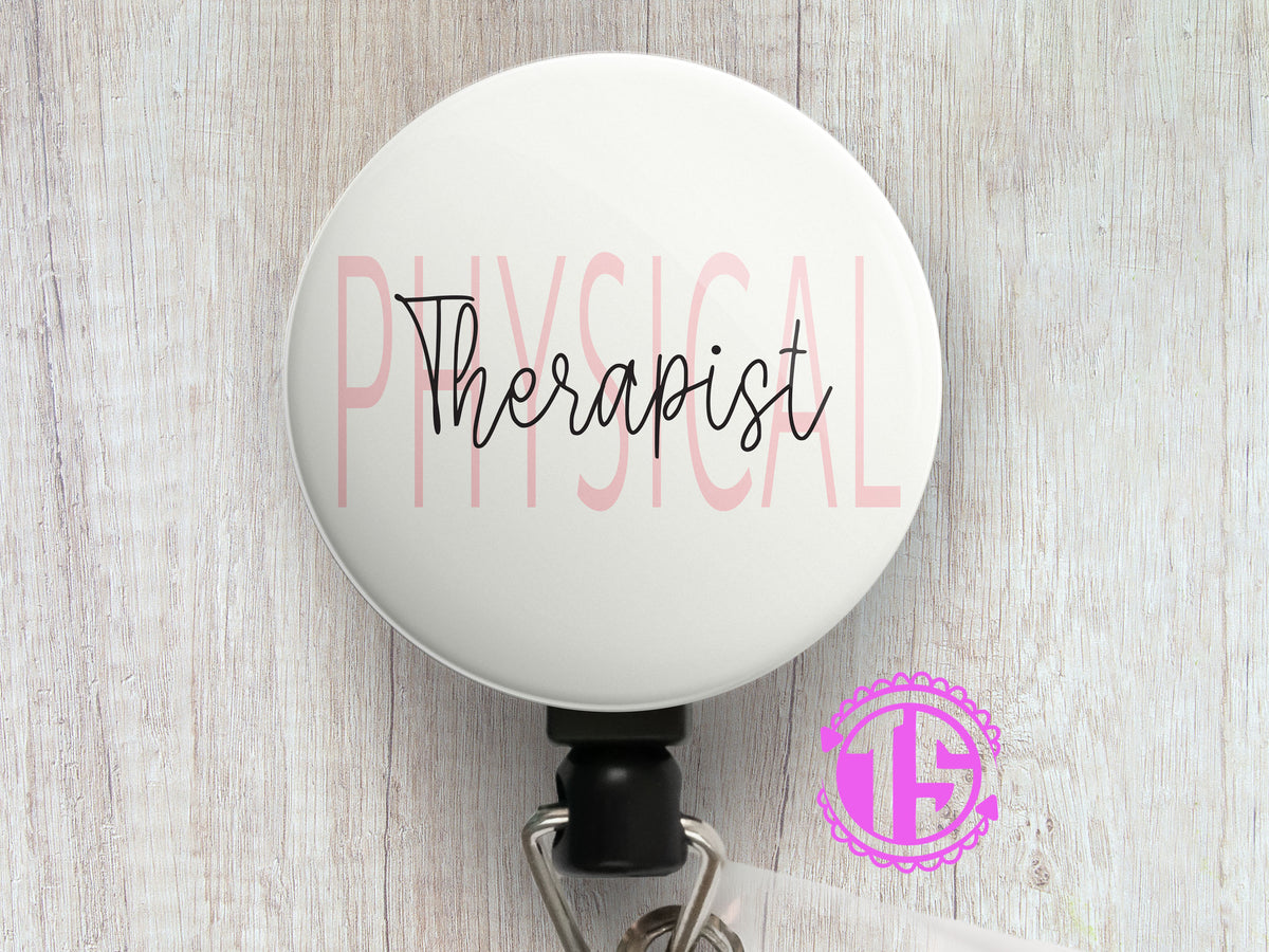 Personalized Retractable ID Badge Reels  Swappable Designs Tagged  Physical Therapist Badge Reel - Topperswap