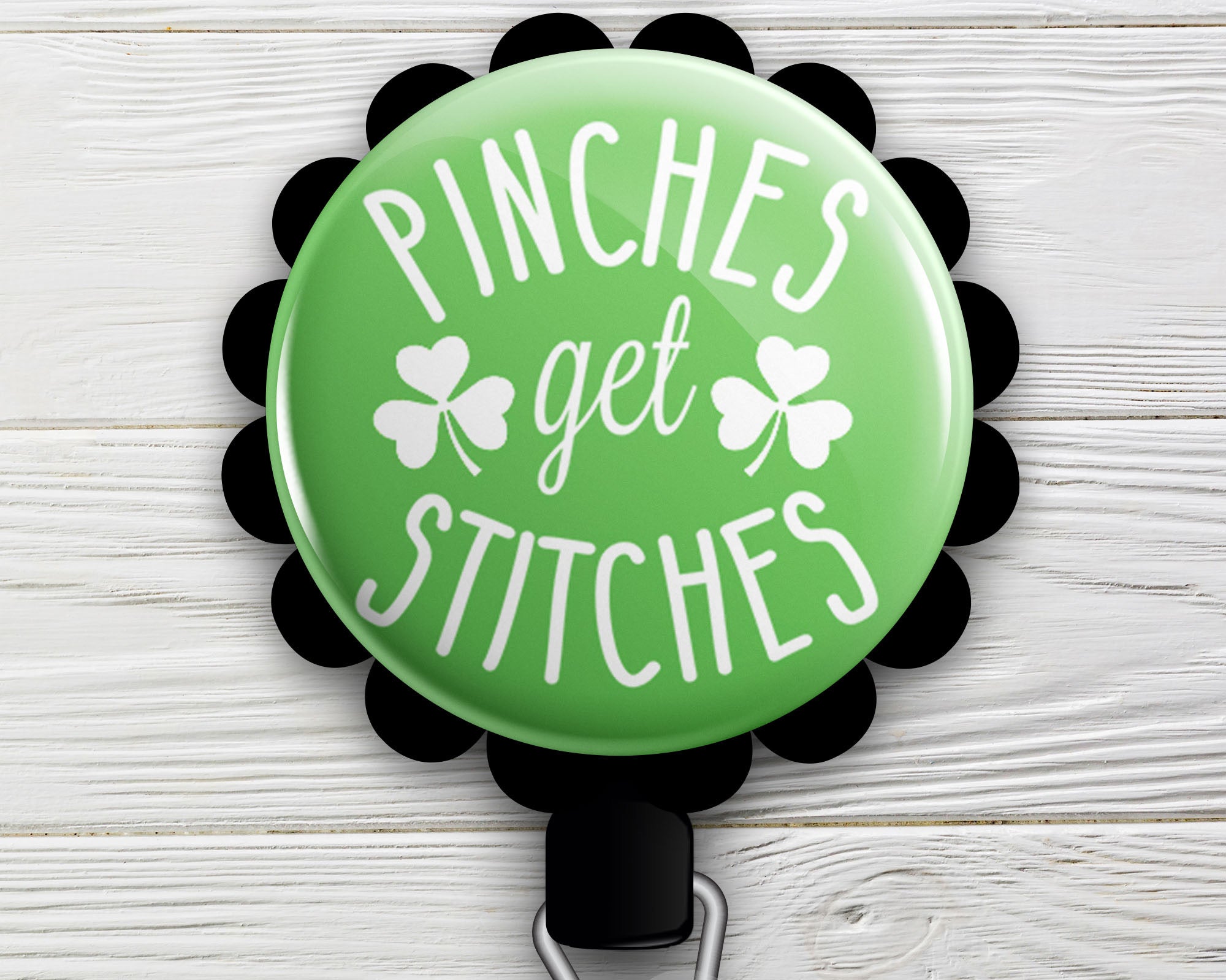 Pinches Get Stitches St. Patrick’s Day Swappable Retractable ID Badge Reel • Holiday Pun Badge Holder • Swapfinity - Alligator Clip / Black - Topperswap