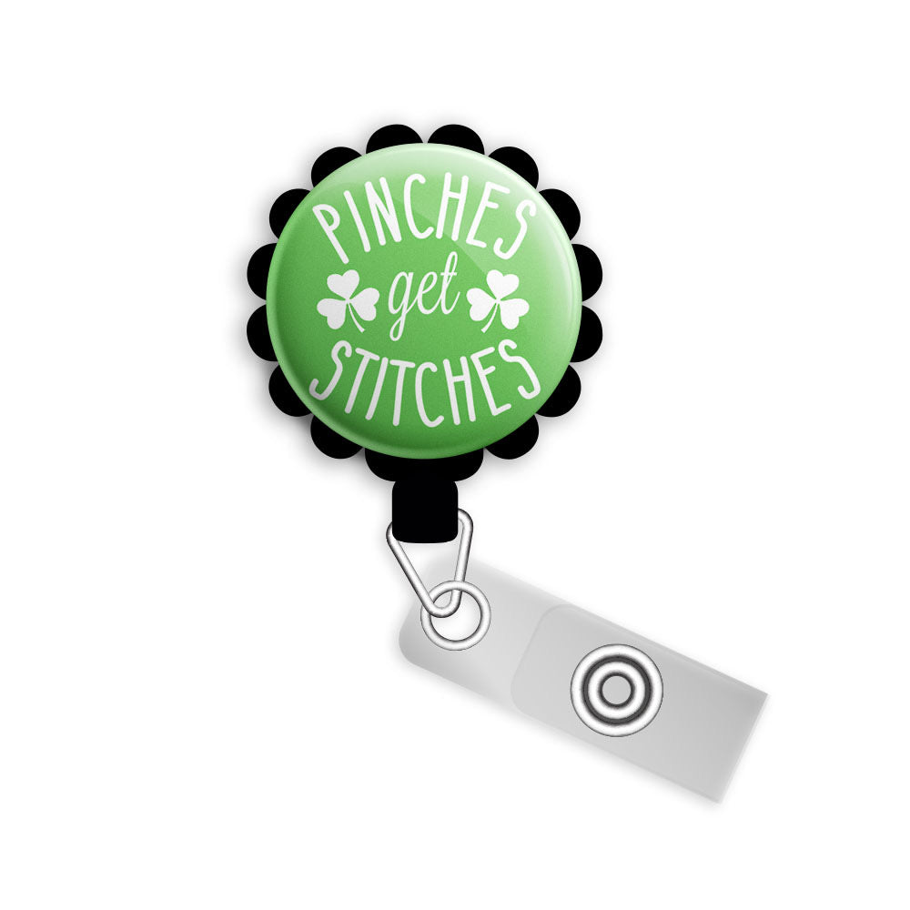 Pinches Get Stitches St. Patrick’s Day Swappable Retractable ID Badge Reel • Holiday Pun Badge Holder • Swapfinity -  - Topperswap