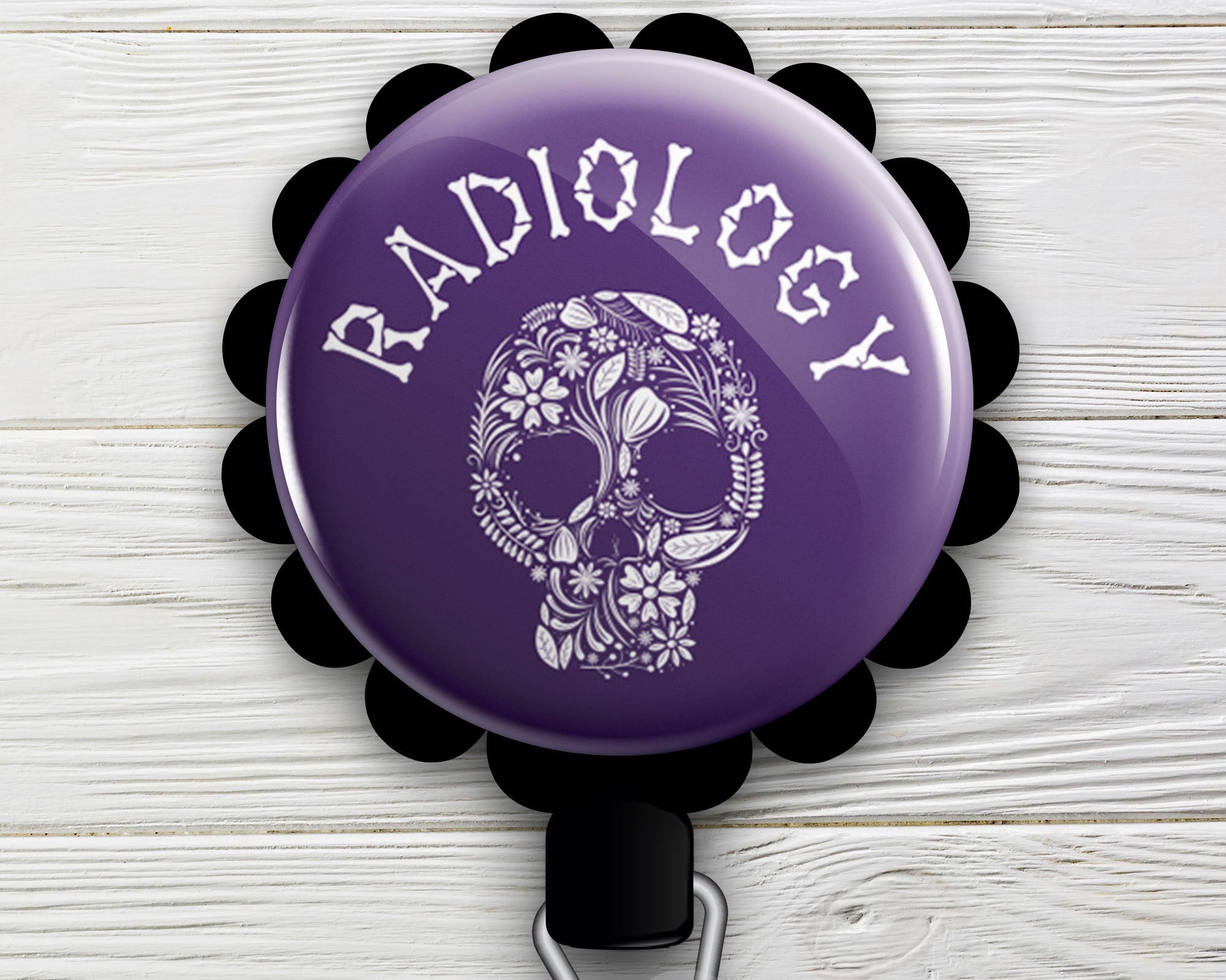 Radiology Skull Retractable ID Badge Reel • X-Ray Tech, X Ray Radiologist, Radiology Technician, Radiologic Technologist Gift - Alligator Clip / Black - Topperswap