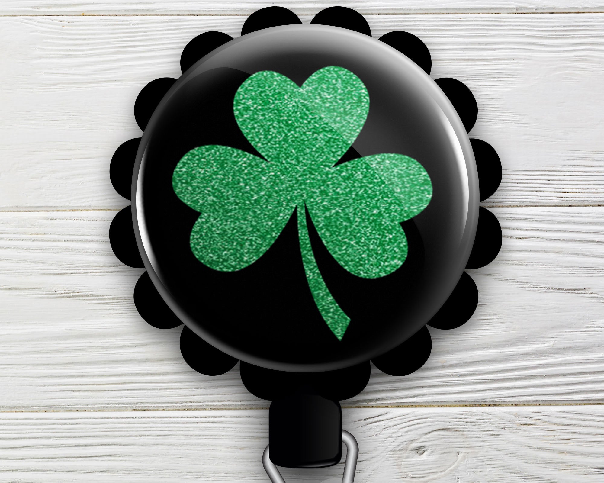 Sparkling Shamrock Retractable ID Badge Reel • St. Patrick's Day Clover ID Badge Holder • Swapfinity - - Topperswap