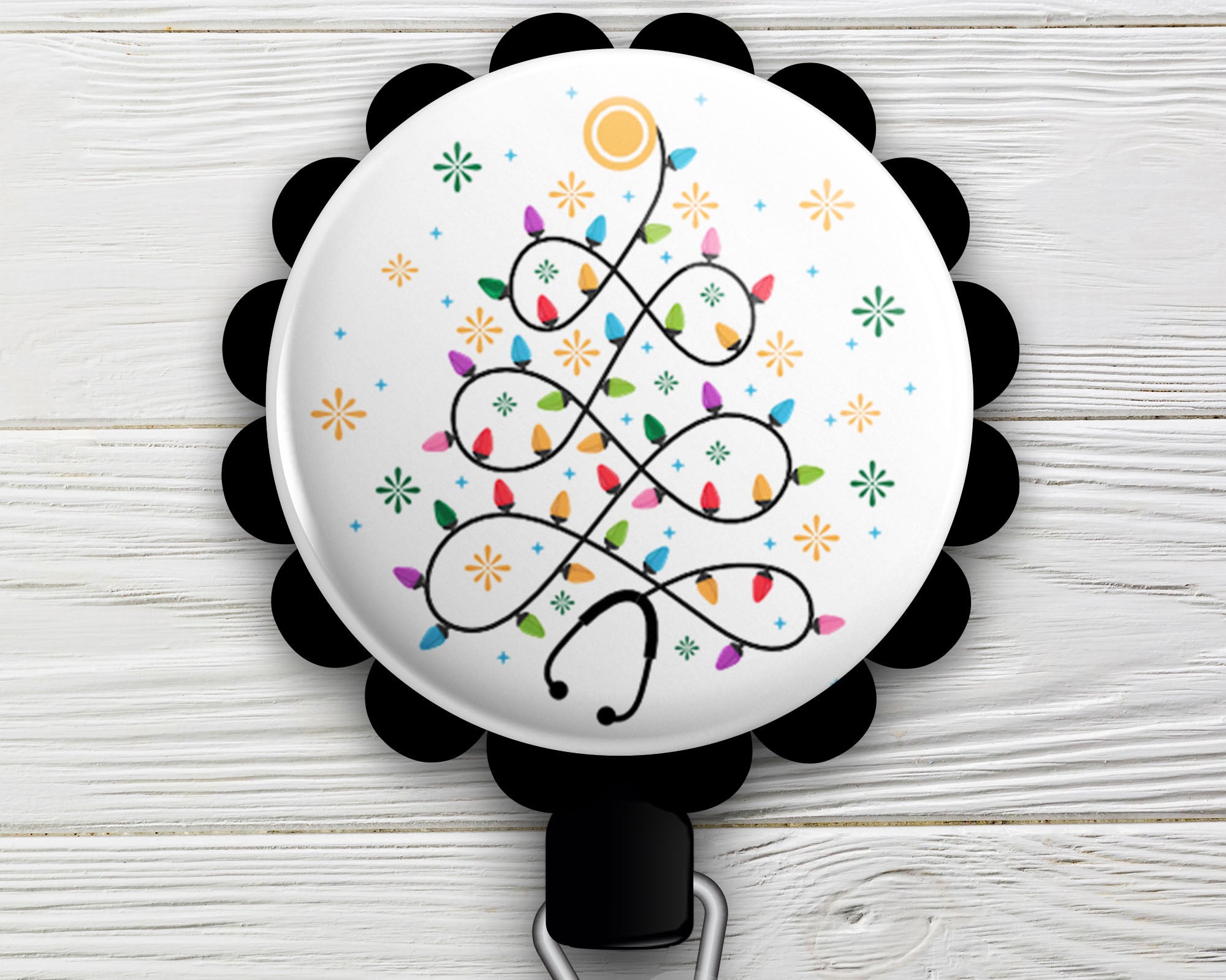 Stethoscope Christmas Tree • Christmas Gift Holiday Swappable Retractable ID Badge Reel • Custom Badge Holder • Swapfinity - Alligator Clip / Black - Topperswap